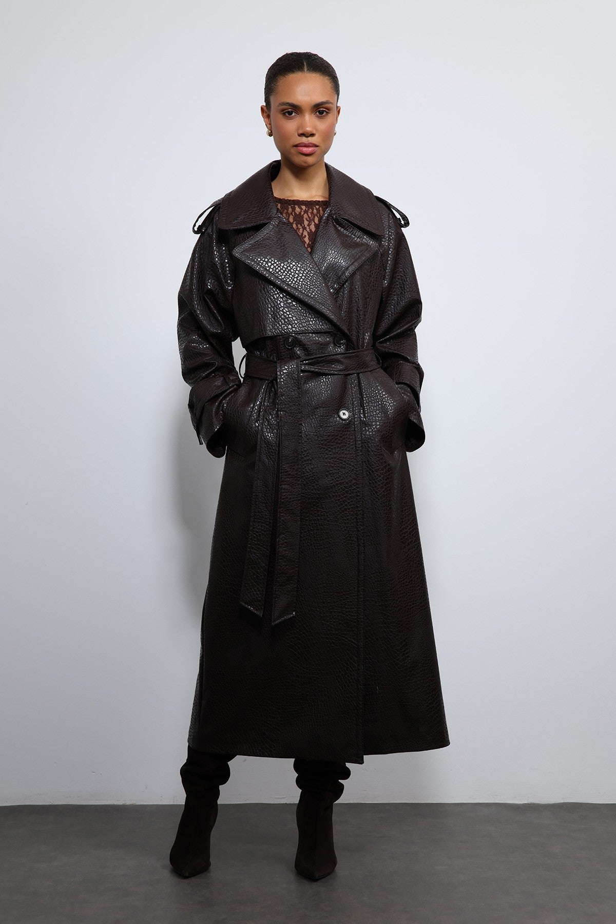 Antioch Textured Faux Leather Trench Coat