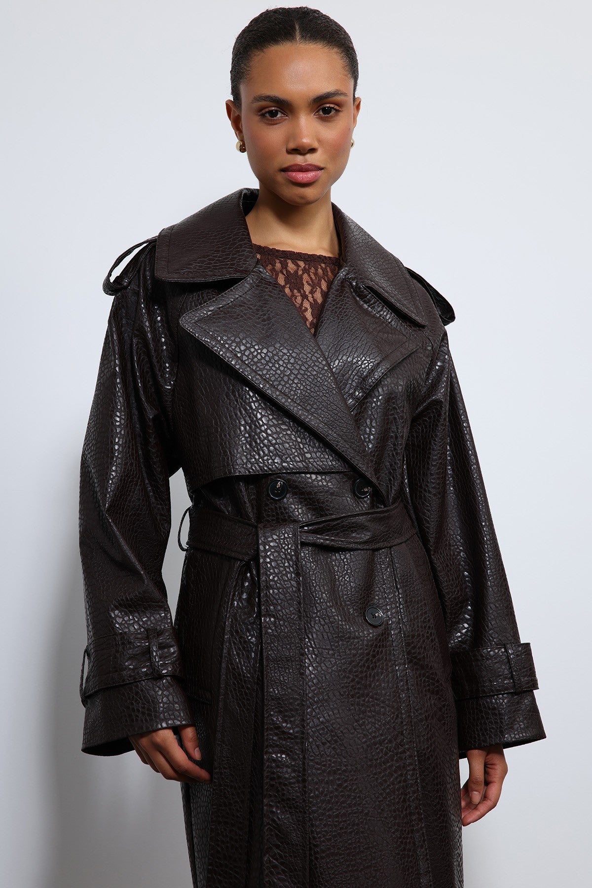 Antioch Textured Faux Leather Trench Coat