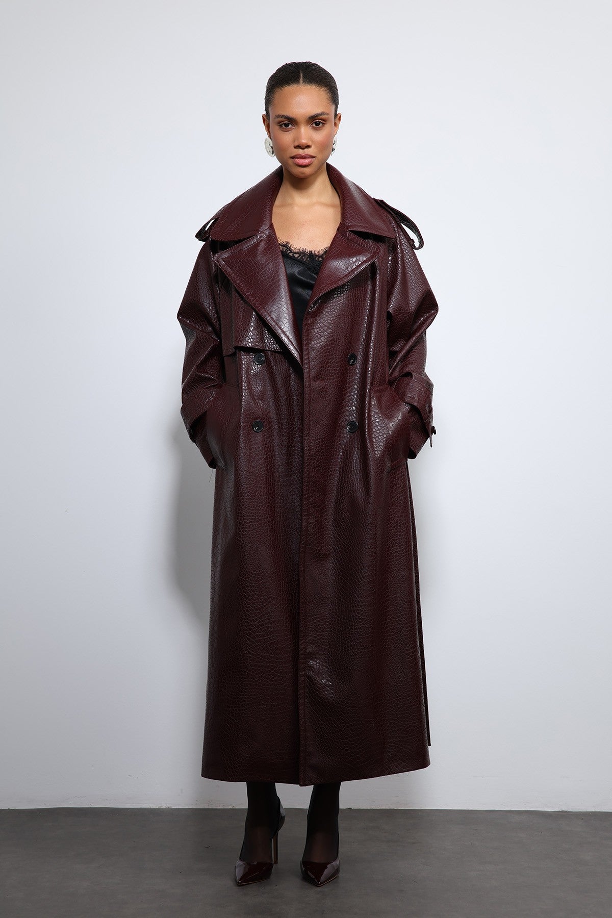 Antioch Textured Faux Leather Trench Coat