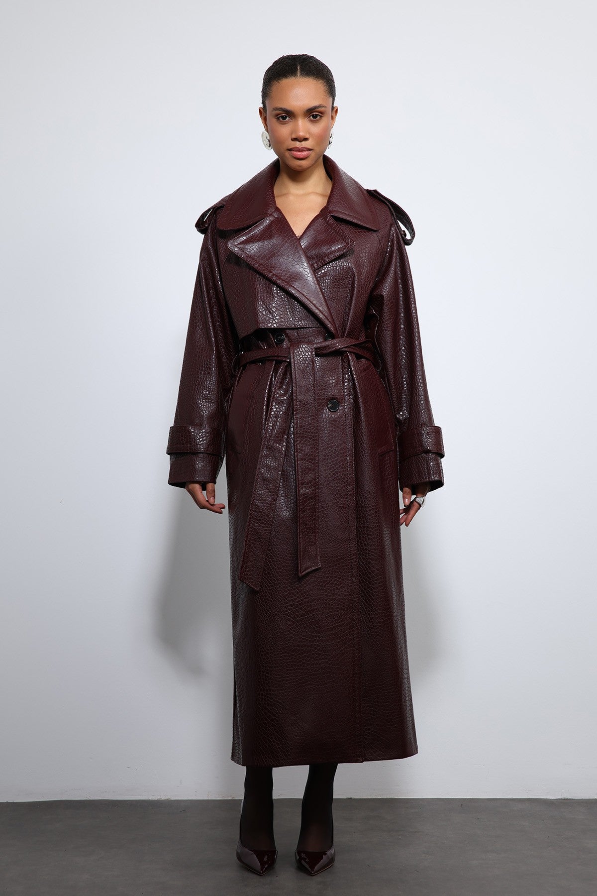 Antioch Textured Faux Leather Trench Coat
