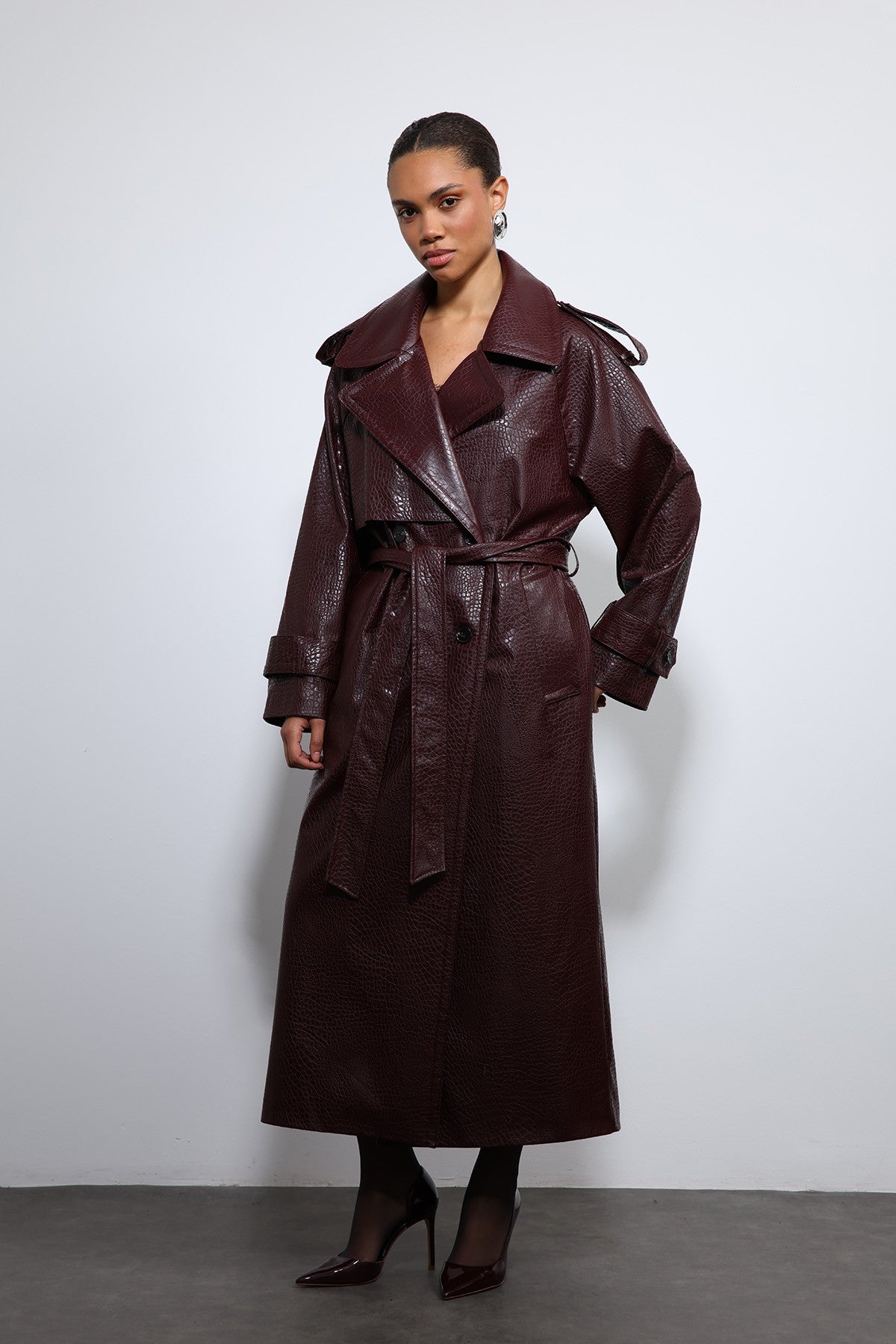 Antioch Textured Faux Leather Trench Coat