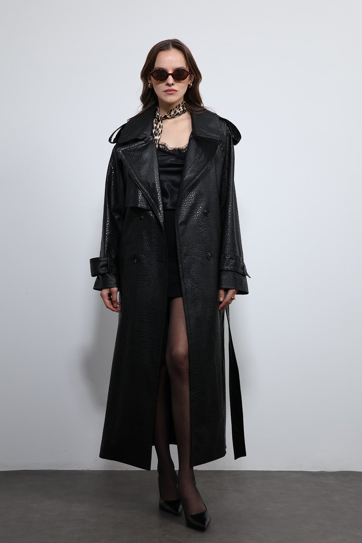Antioch Textured Faux Leather Trench Coat