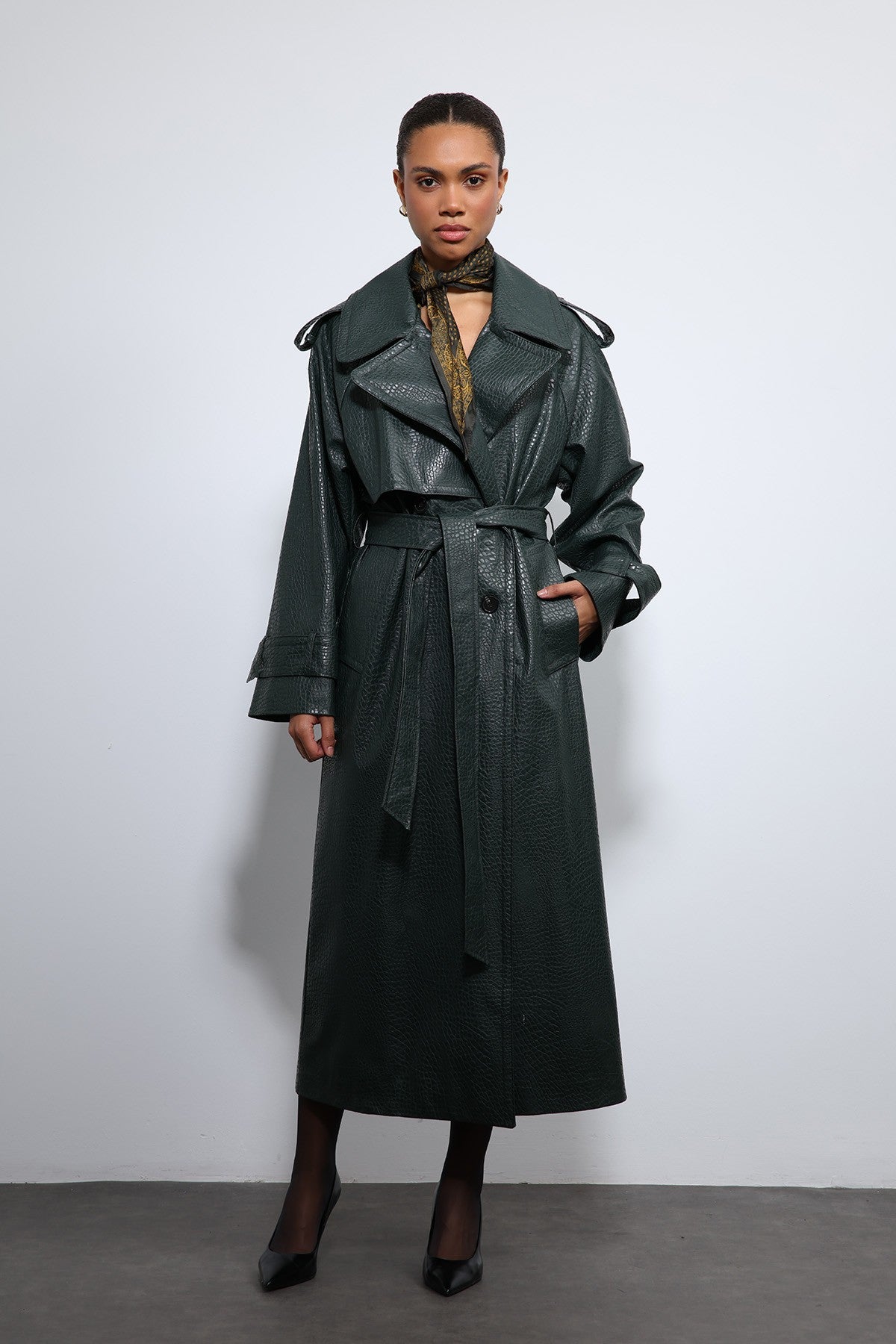 Antioch Textured Faux Leather Trench Coat