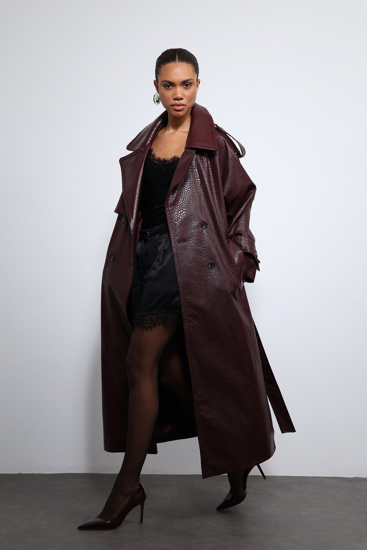 Antioch Textured Faux Leather Trench Coat