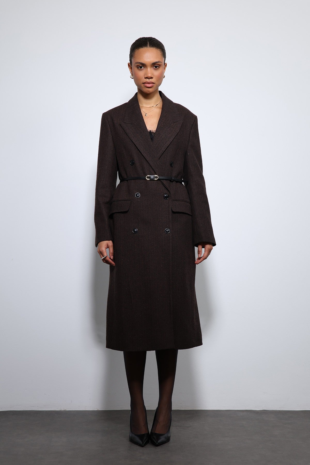 Antioch Herringbone-Patterned Belted Coat