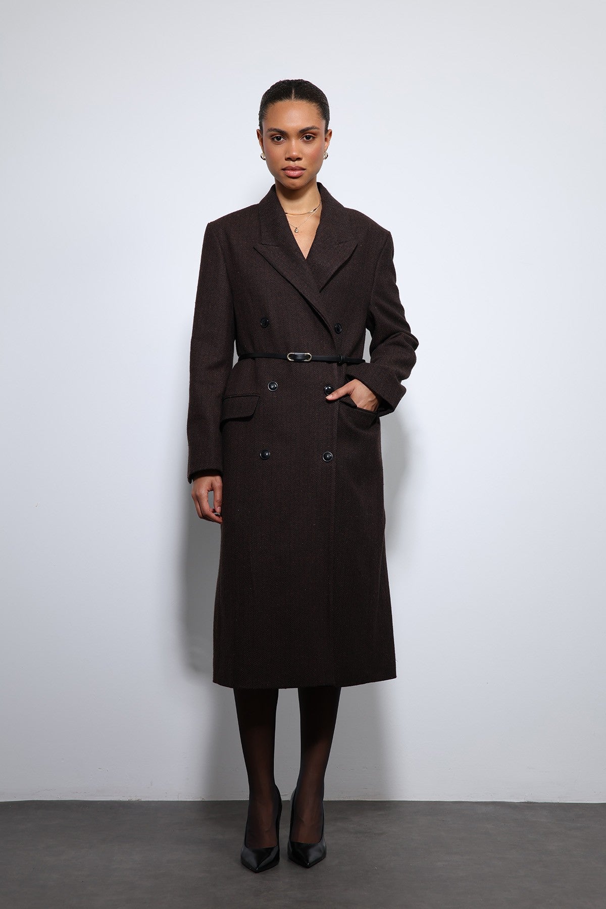 Antioch Herringbone-Patterned Belted Coat