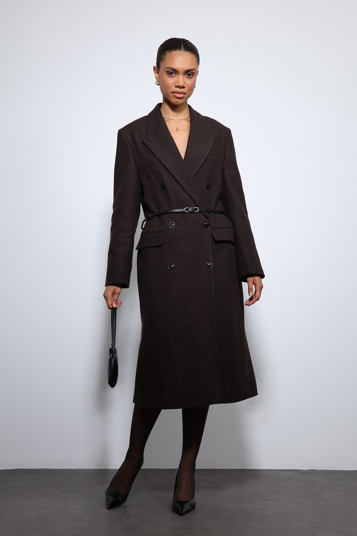 Antioch Herringbone-Patterned Belted Coat