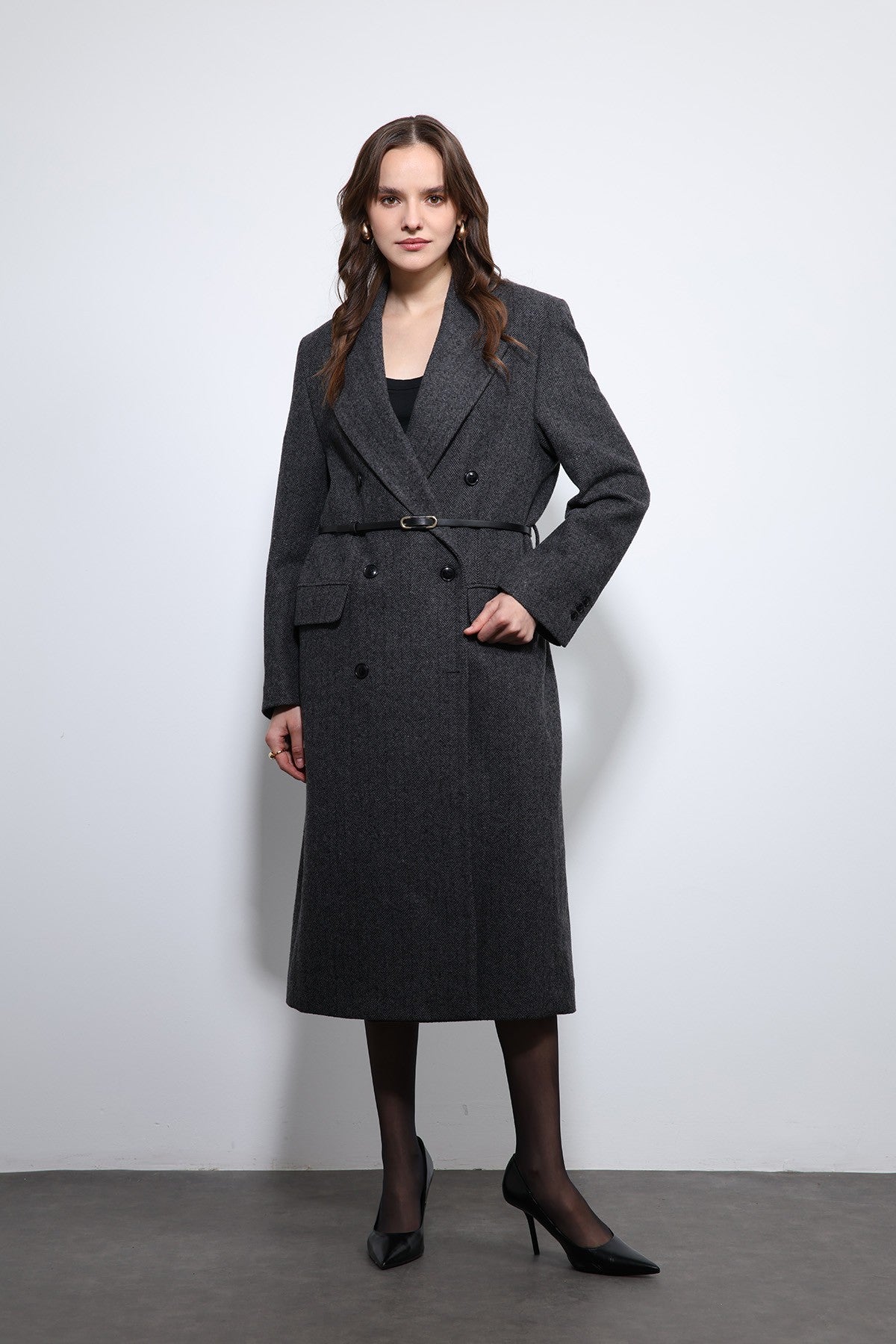 Antioch Herringbone-Patterned Belted Coat