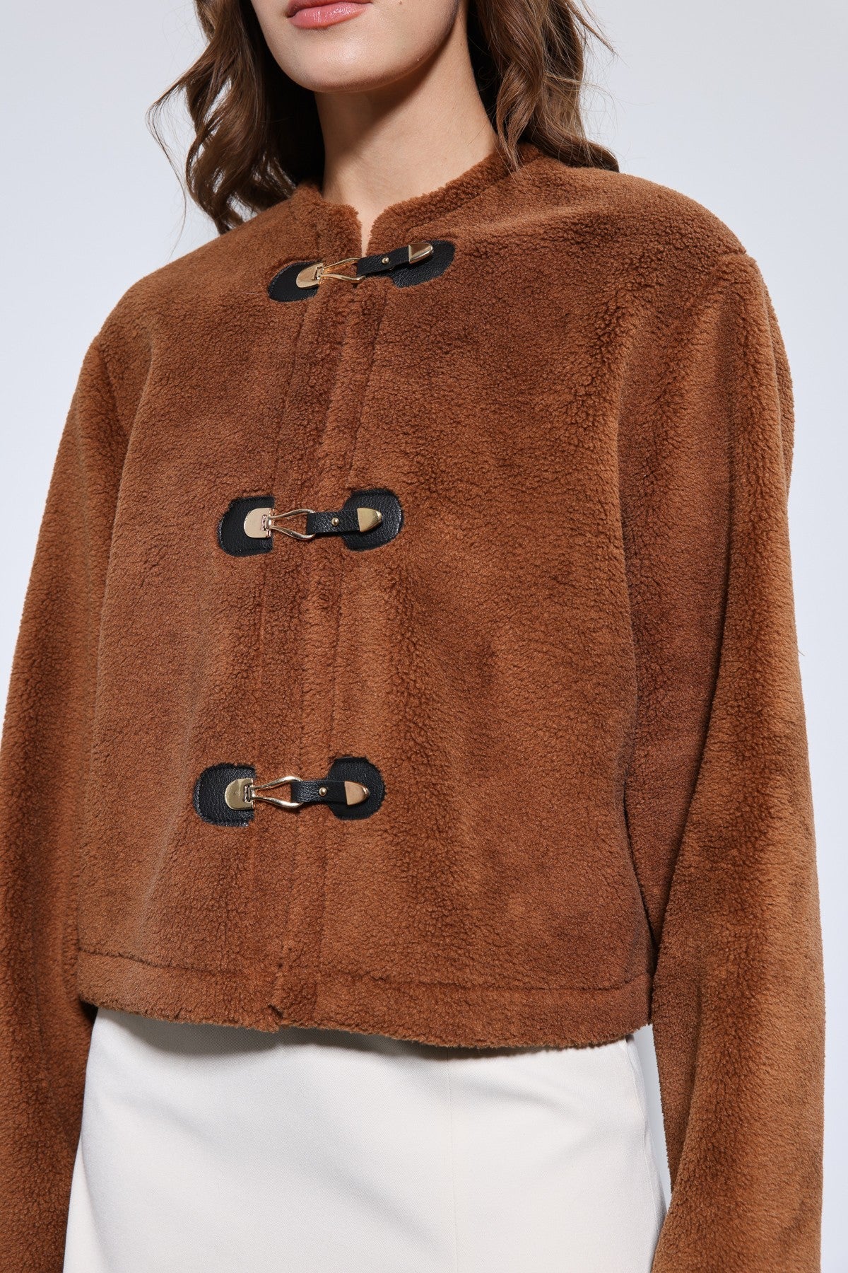 Antioch Embellished-Button Faux Fur Jacket