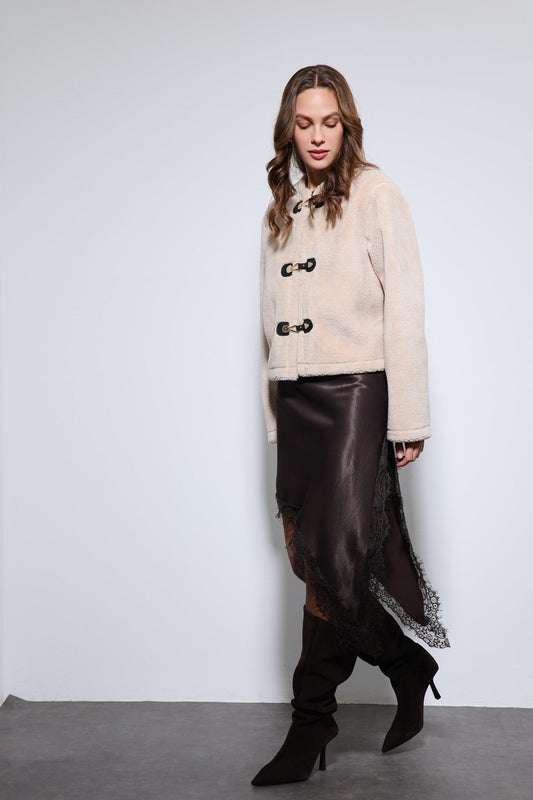 Antioch Embellished-Button Faux Fur Jacket