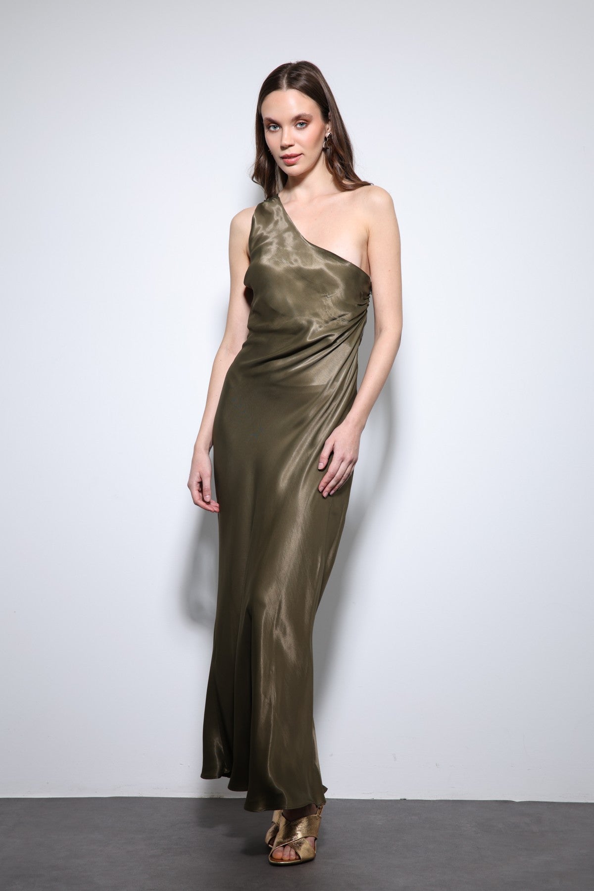 Antioch Asymmetrical-Neckline Satin Maxi Dress