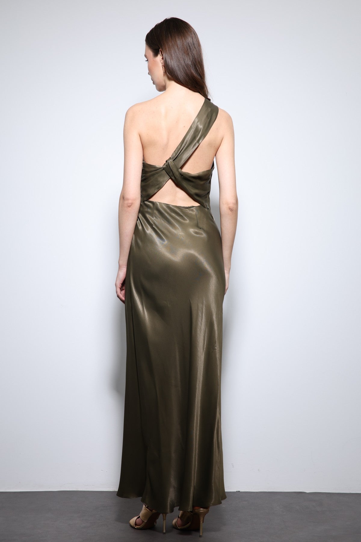 Antioch Asymmetrical-Neckline Satin Maxi Dress