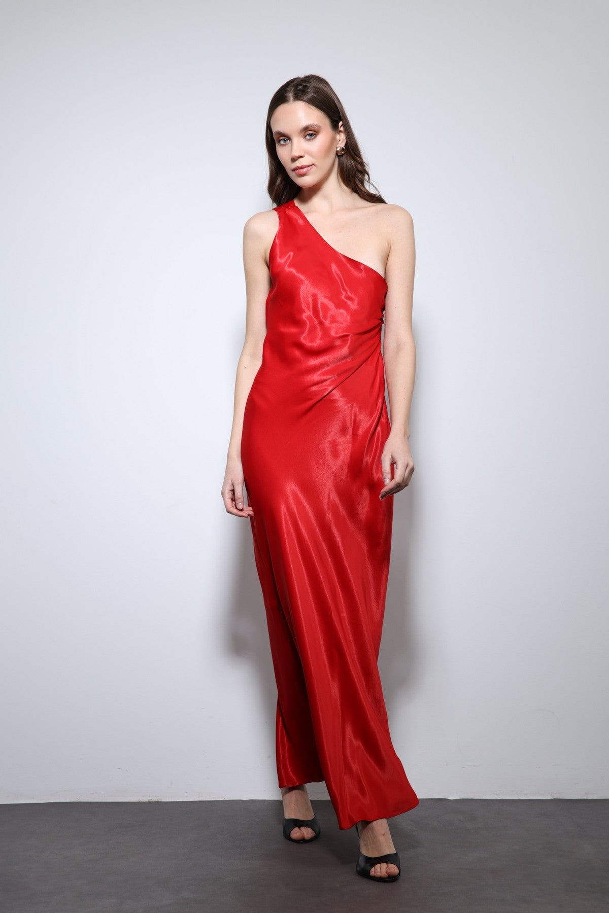 Antioch Asymmetrical-Neckline Satin Maxi Dress