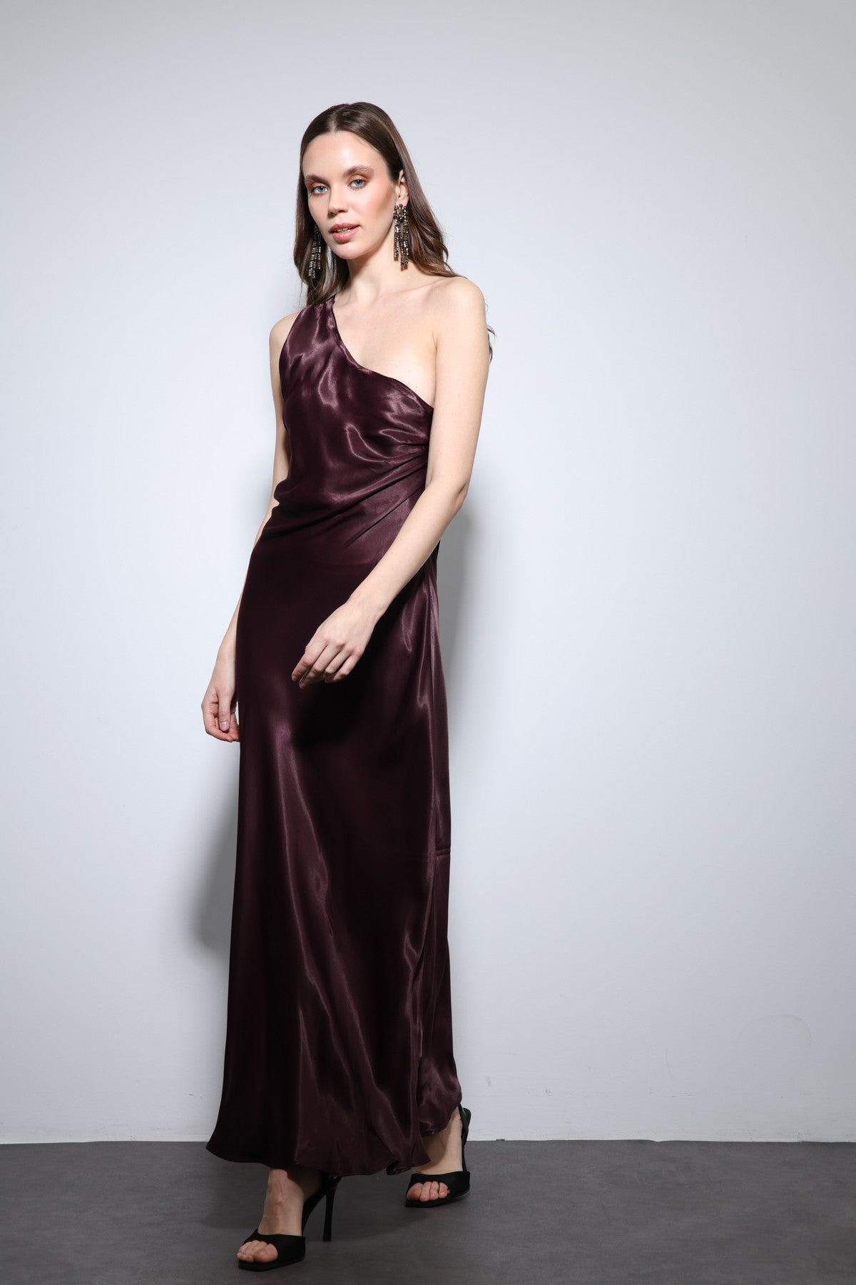 Antioch Asymmetrical-Neckline Satin Maxi Dress