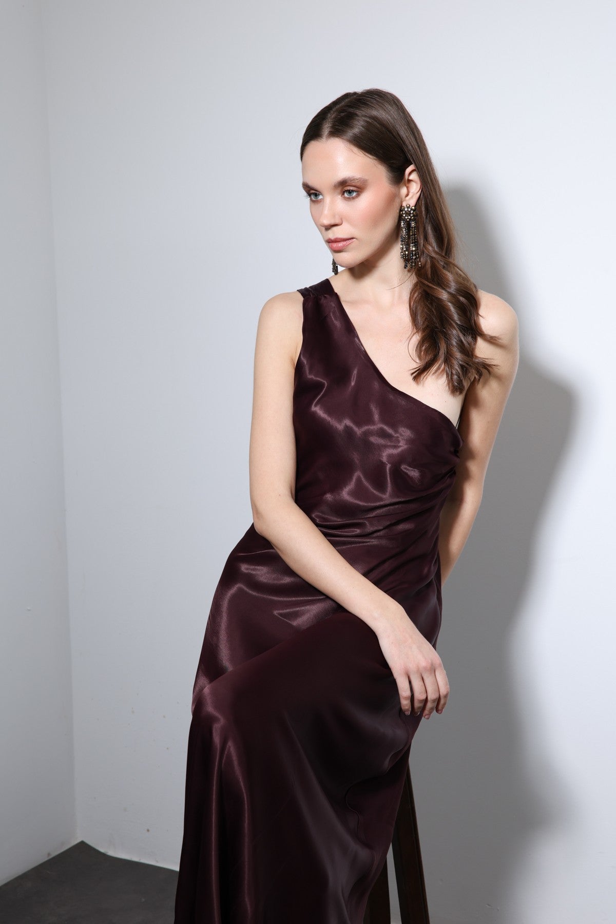 Antioch Asymmetrical-Neckline Satin Maxi Dress
