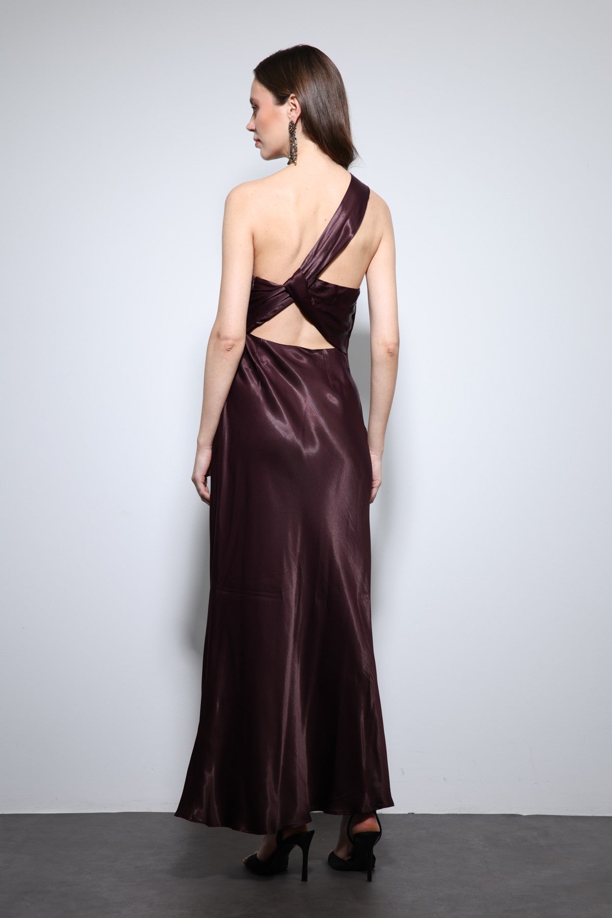 Antioch Asymmetrical-Neckline Satin Maxi Dress