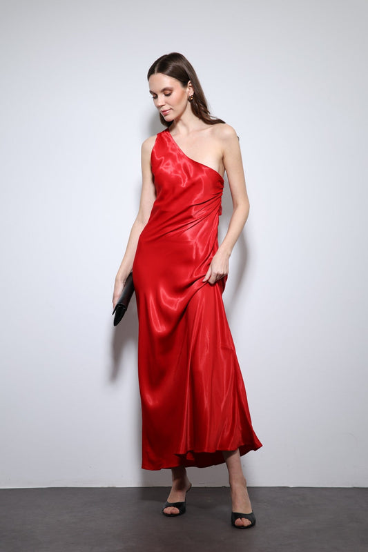 Antioch Asymmetrical-Neckline Satin Maxi Dress