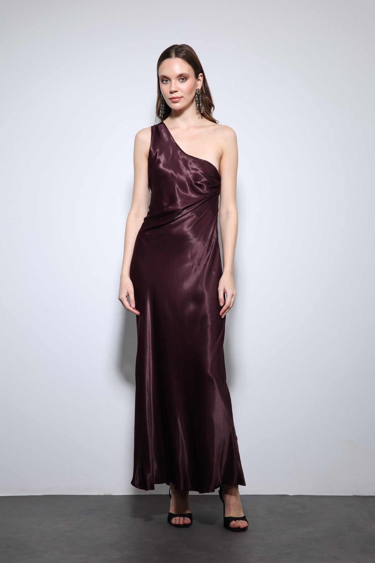Antioch Asymmetrical-Neckline Satin Maxi Dress