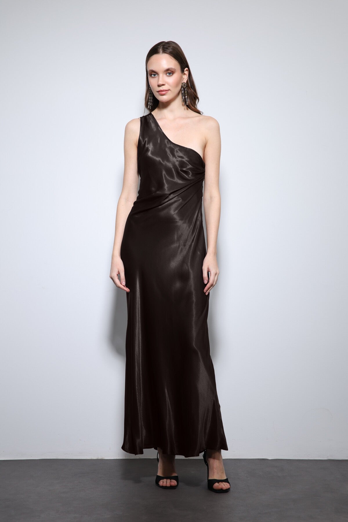 Antioch Asymmetrical-Neckline Satin Maxi Dress