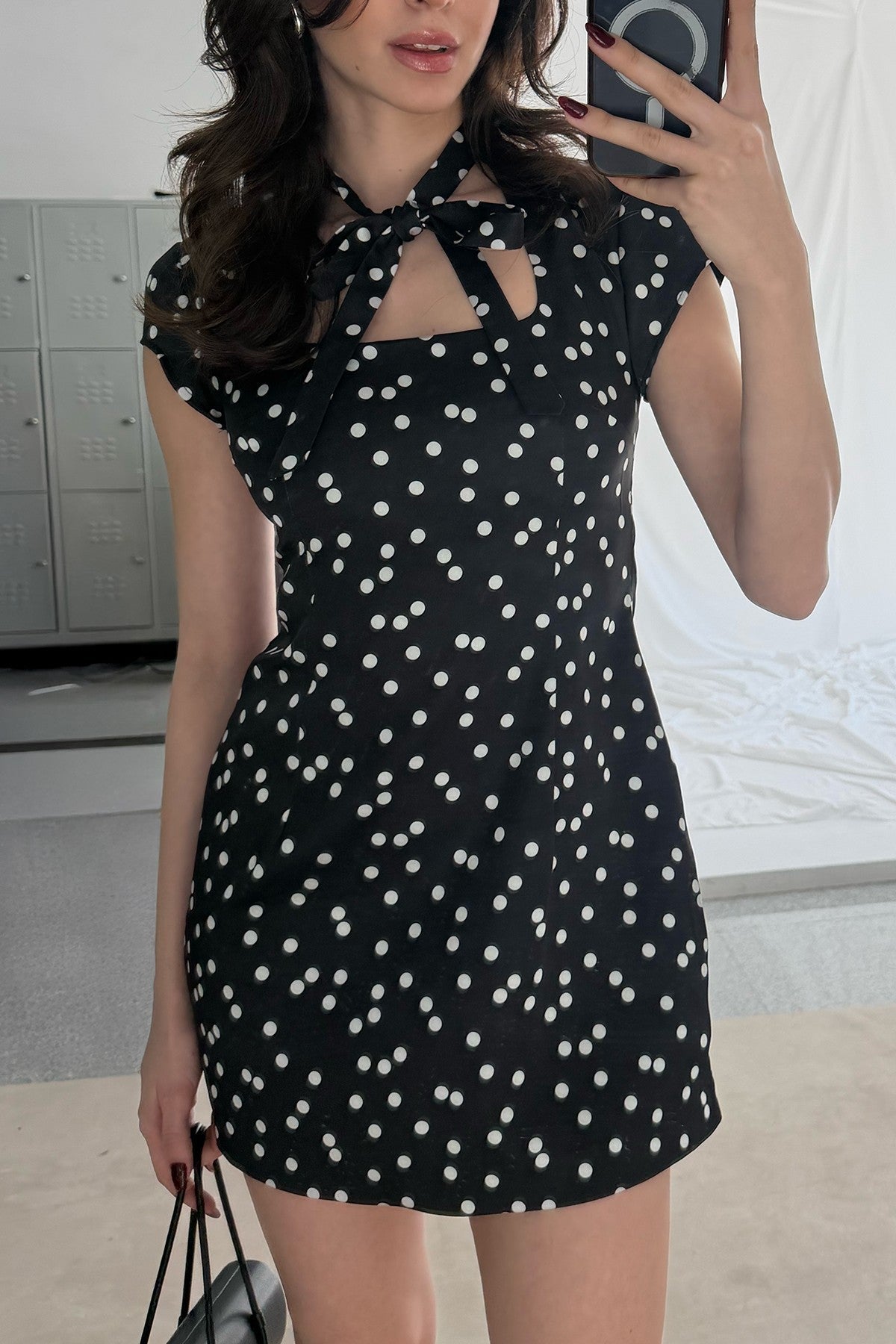 Antioch Short Dress with Lace-Up Polka Dot Pattern