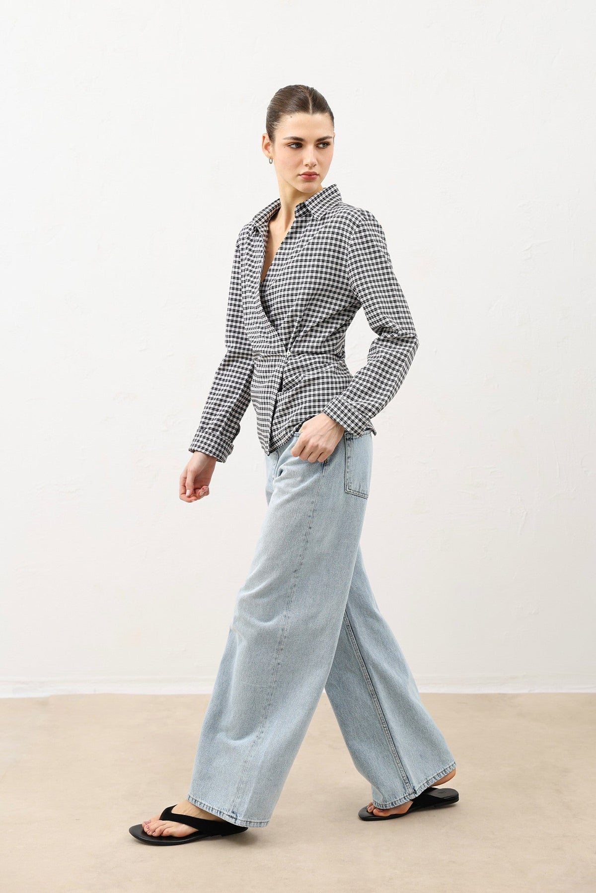 Women's Checkered Shirt with a Wrap-Around Collar