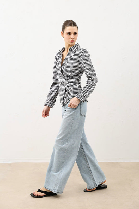 Women's Checkered Shirt with a Wrap-Around Collar