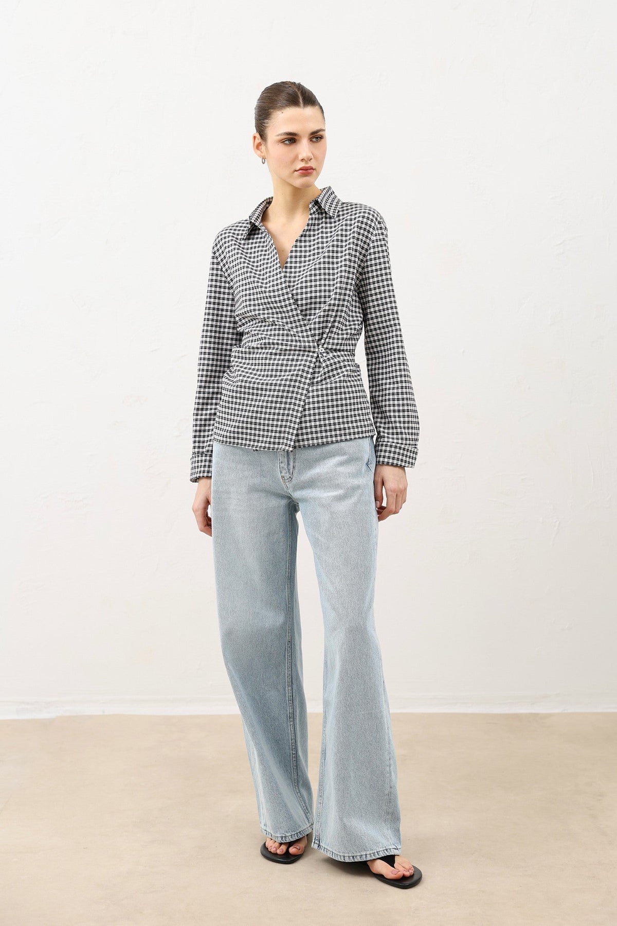 Women's Checkered Shirt with a Wrap-Around Collar