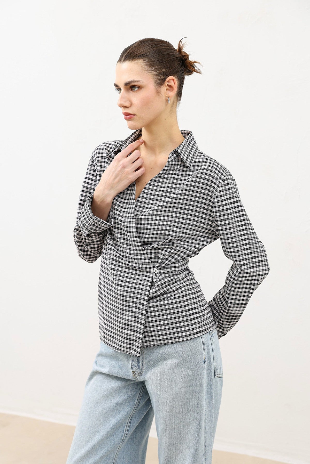 Women's Checkered Shirt with a Wrap-Around Collar