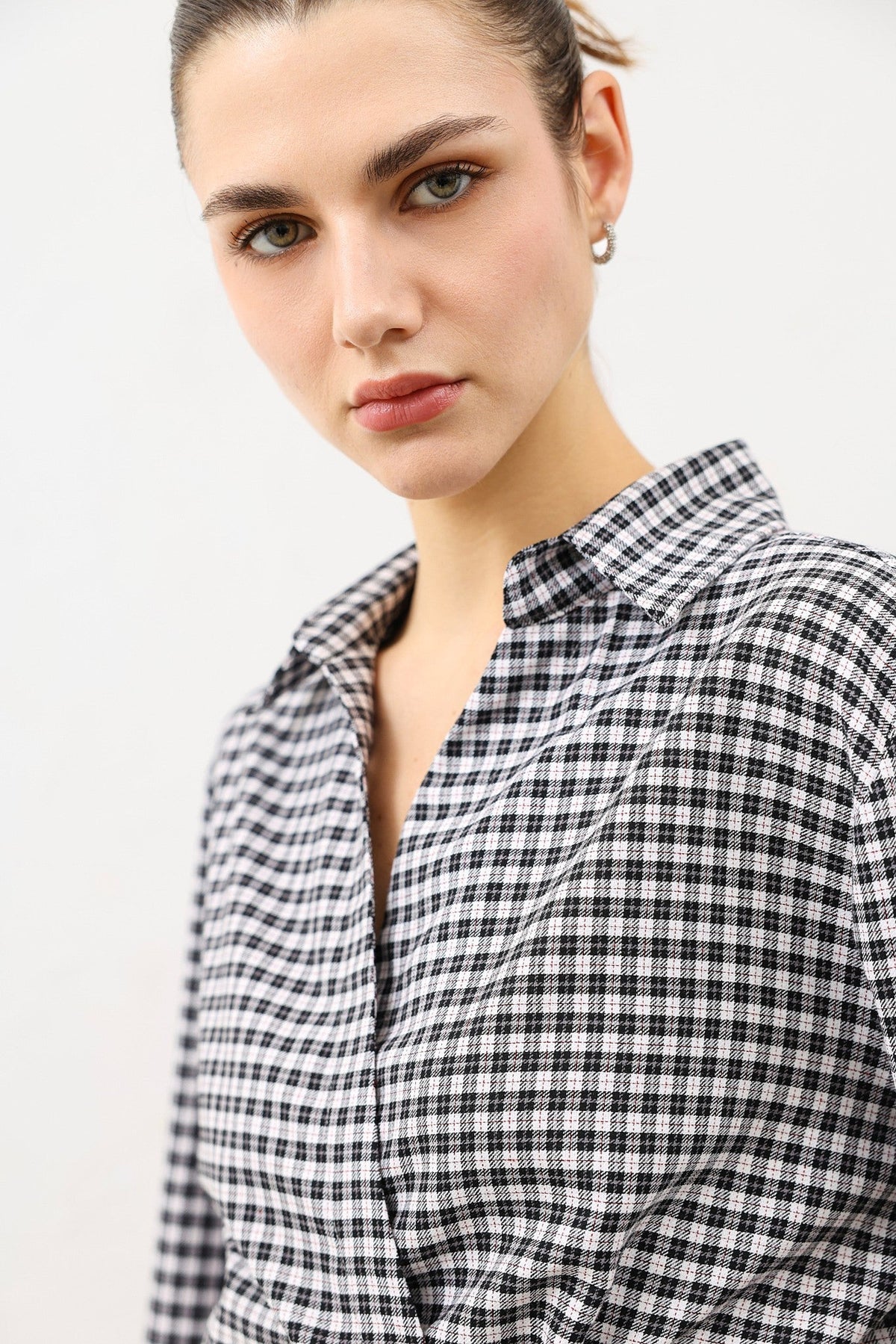 Women's Checkered Shirt with a Wrap-Around Collar