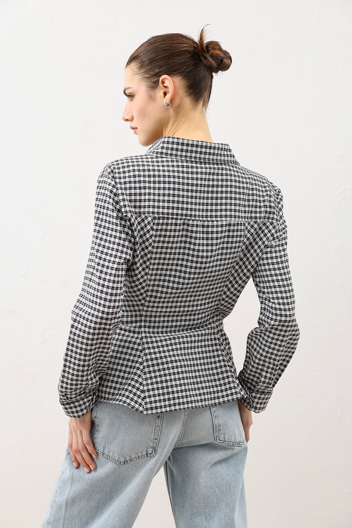 Women's Checkered Shirt with a Wrap-Around Collar