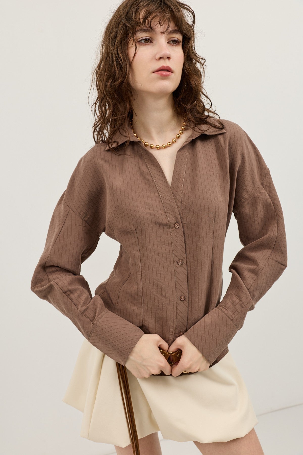 Antioch Pencil-Sleeve Modal Shirt with Detailed Stripes