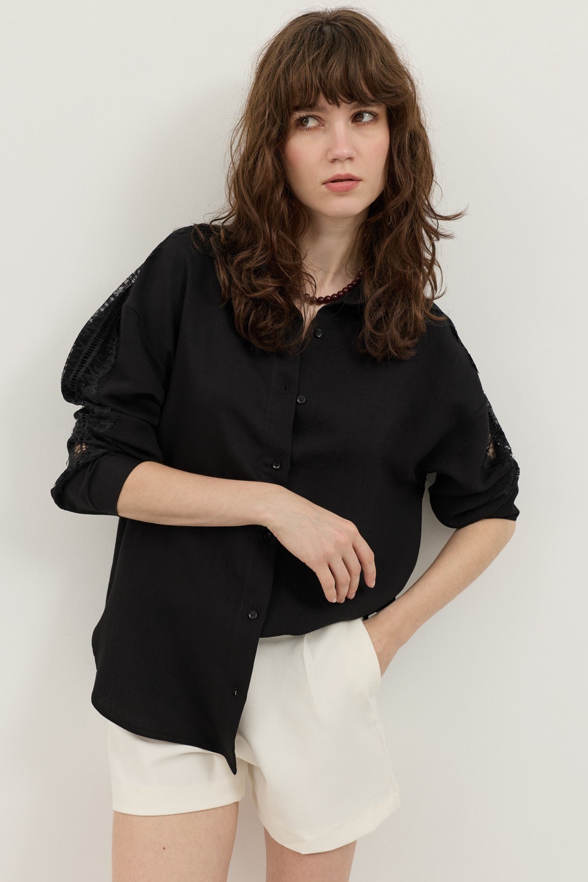 Women's Shirt with Lace-Embellished Sleeves