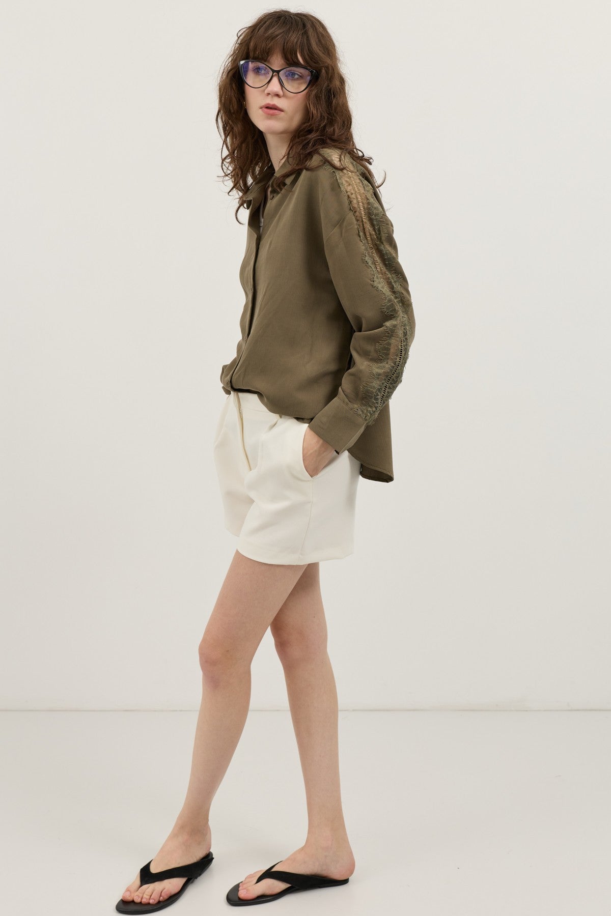 Women's Shirt with Lace-Embellished Sleeves