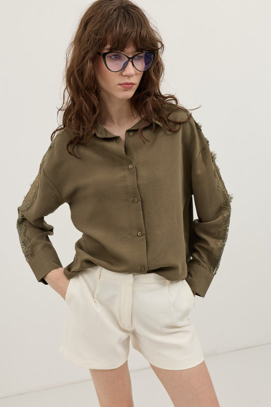 Women's Shirt with Lace-Embellished Sleeves