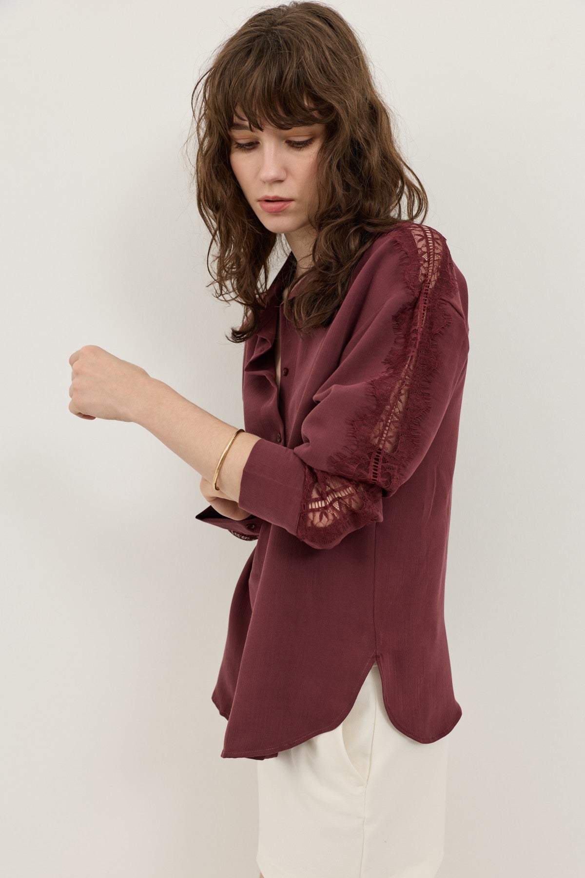 Women's Shirt with Lace-Embellished Sleeves