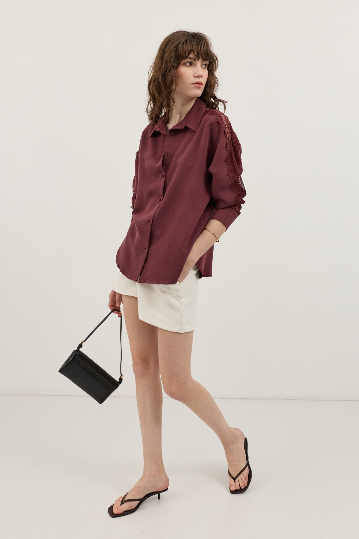 Women's Shirt with Lace-Embellished Sleeves