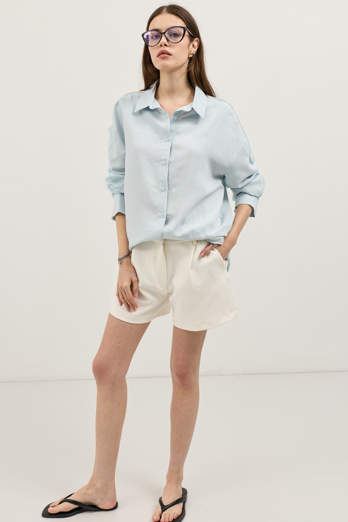Women's Shirt with Lace-Embellished Sleeves