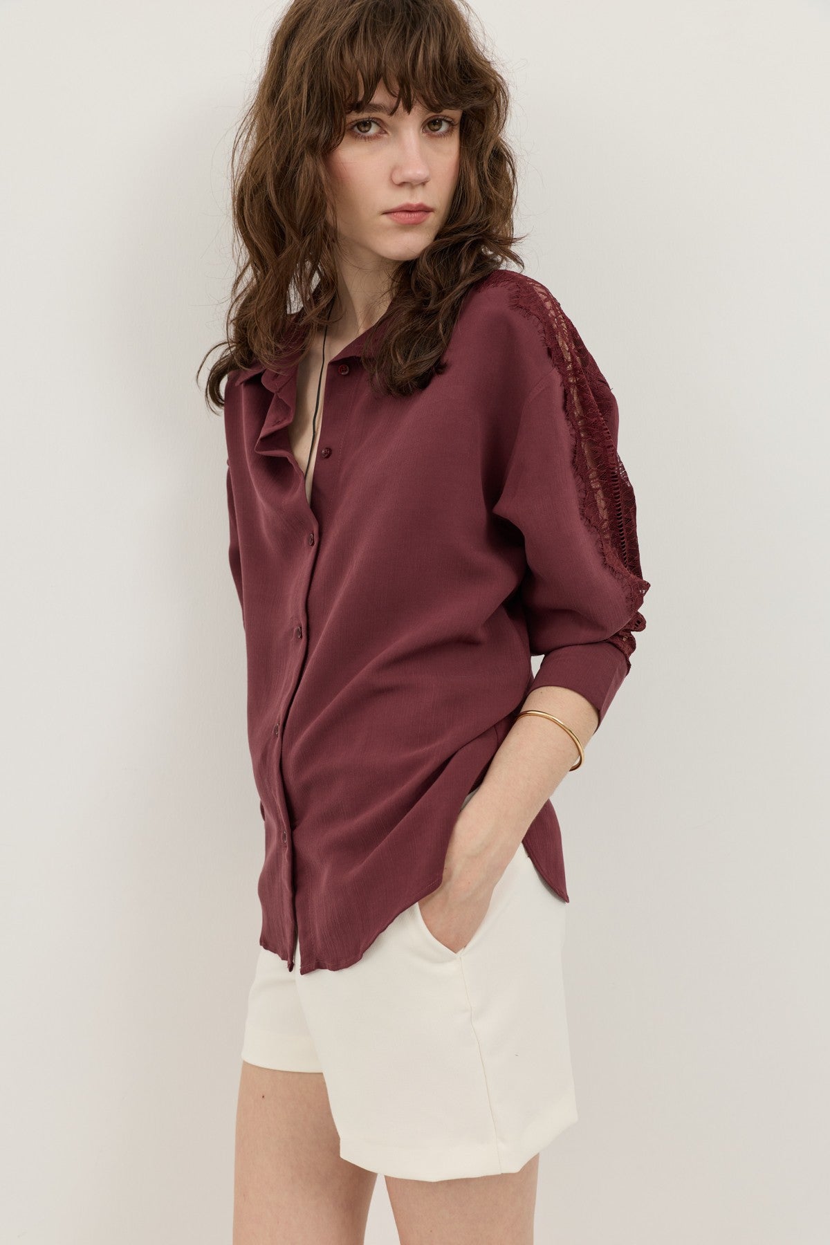 Women's Shirt with Lace-Embellished Sleeves