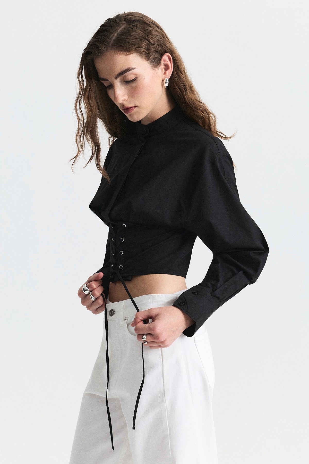 Poplin Shirt with Lace-Up Corset Detail