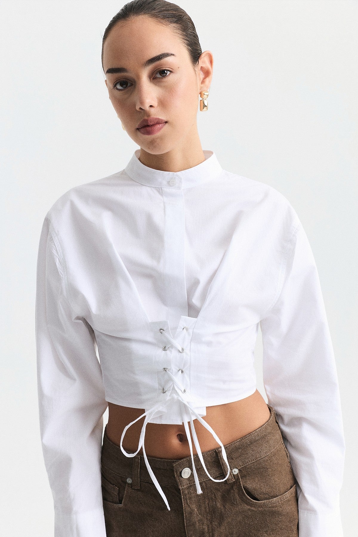 Poplin Shirt with Lace-Up Corset Detail