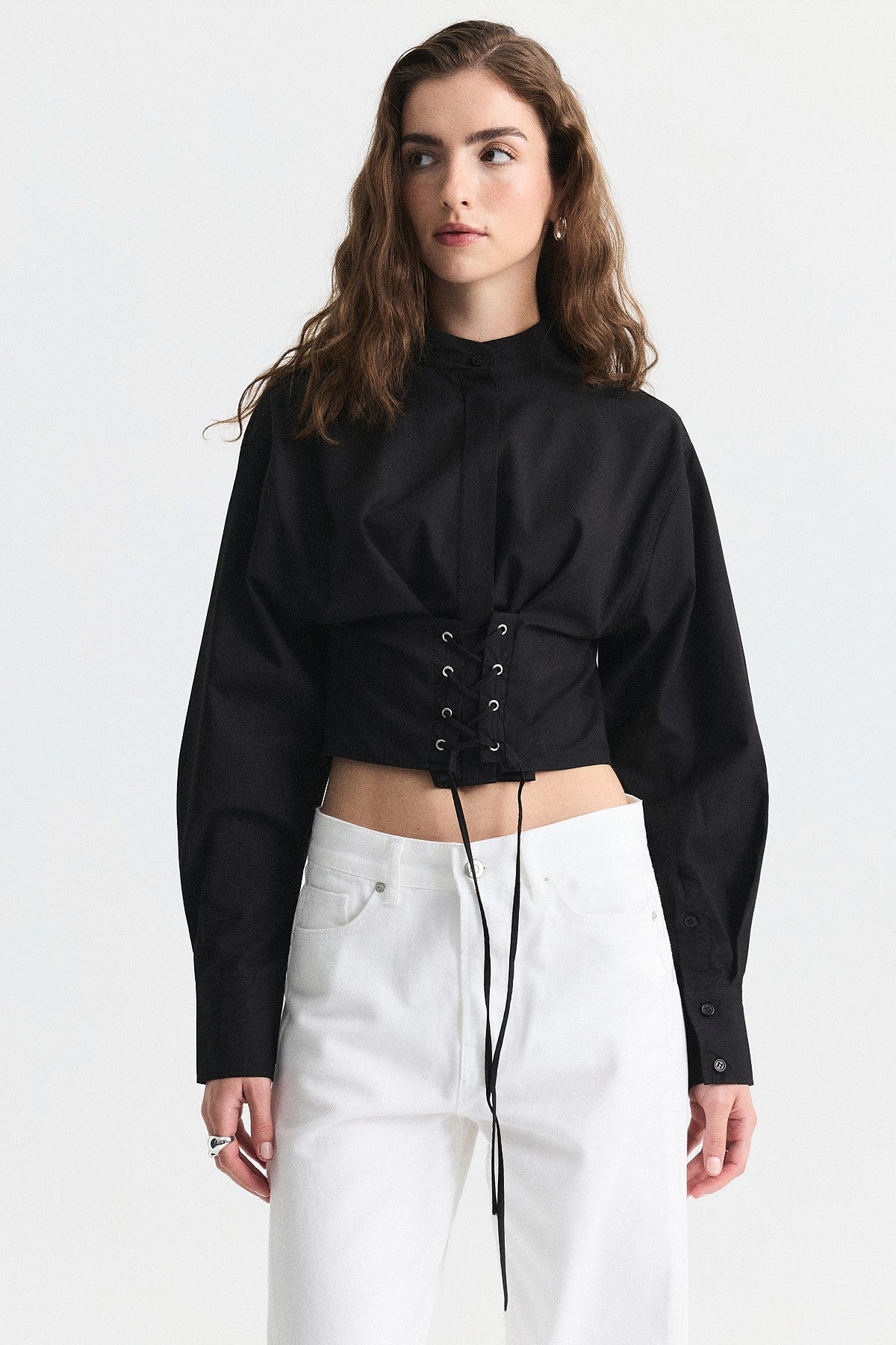 Poplin Shirt with Lace-Up Corset Detail