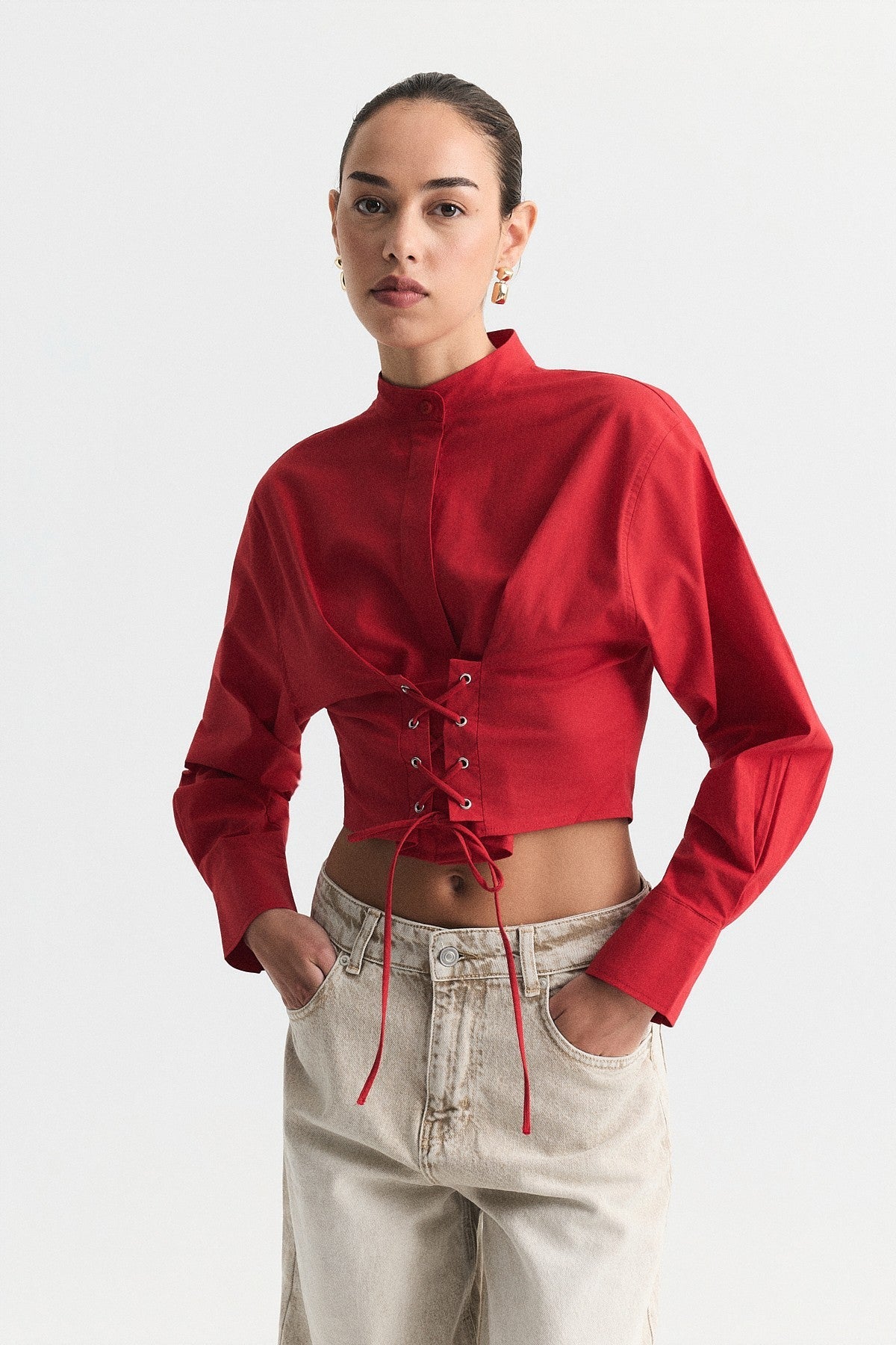 Poplin Shirt with Lace-Up Corset Detail