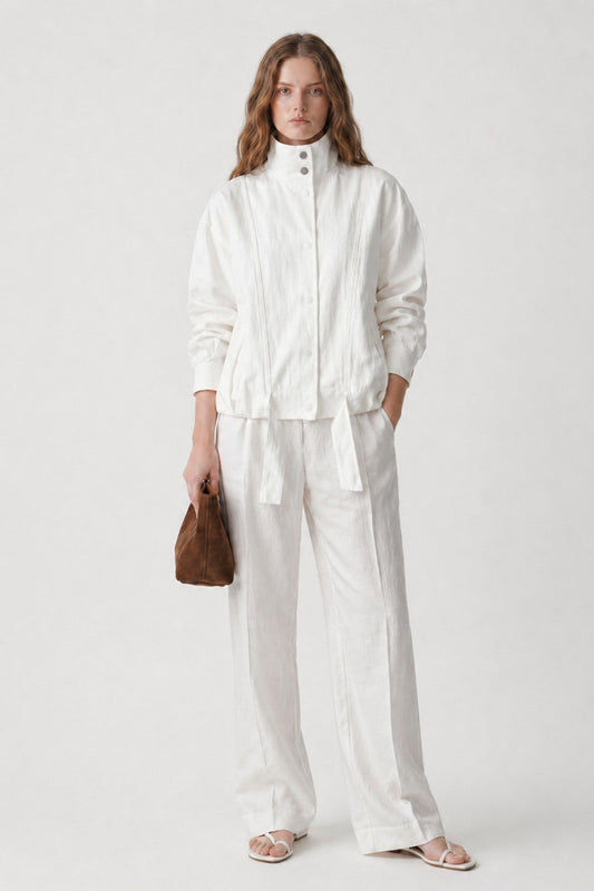 Linen-Blend Stand-Up Collar Bomber Jacket