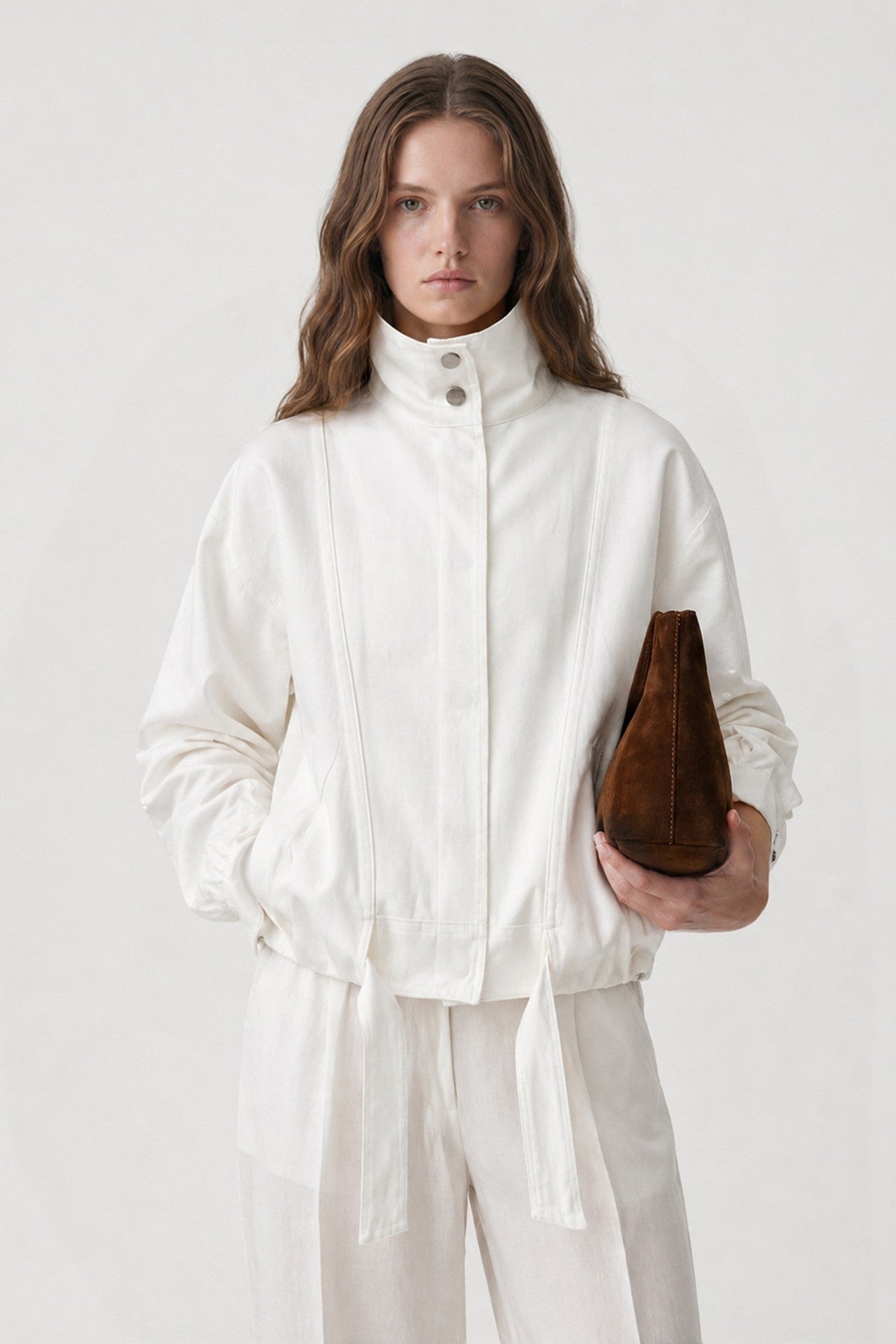 Linen-Blend Stand-Up Collar Bomber Jacket