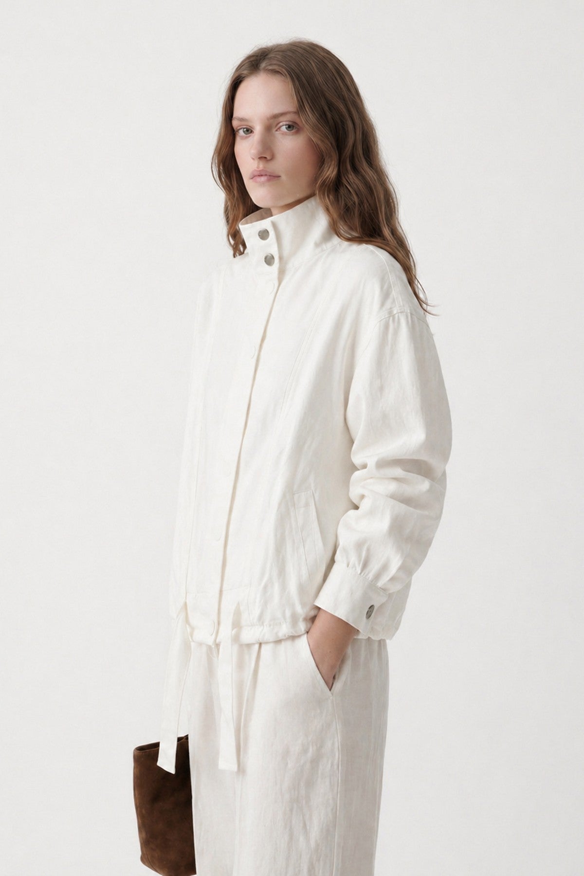 Linen-Blend Stand-Up Collar Bomber Jacket