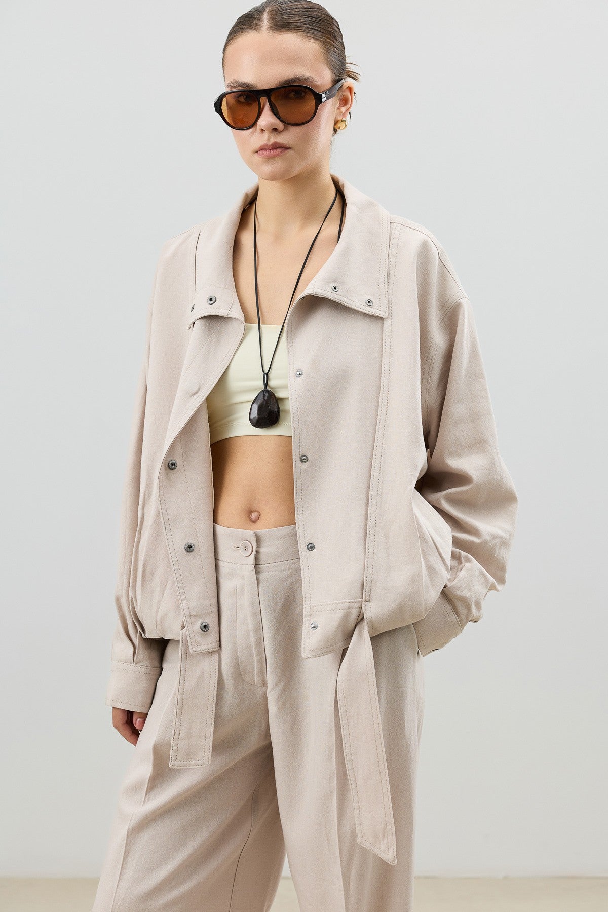 Antioch Linen-Blend Stand-Up Collar Bomber Jacket