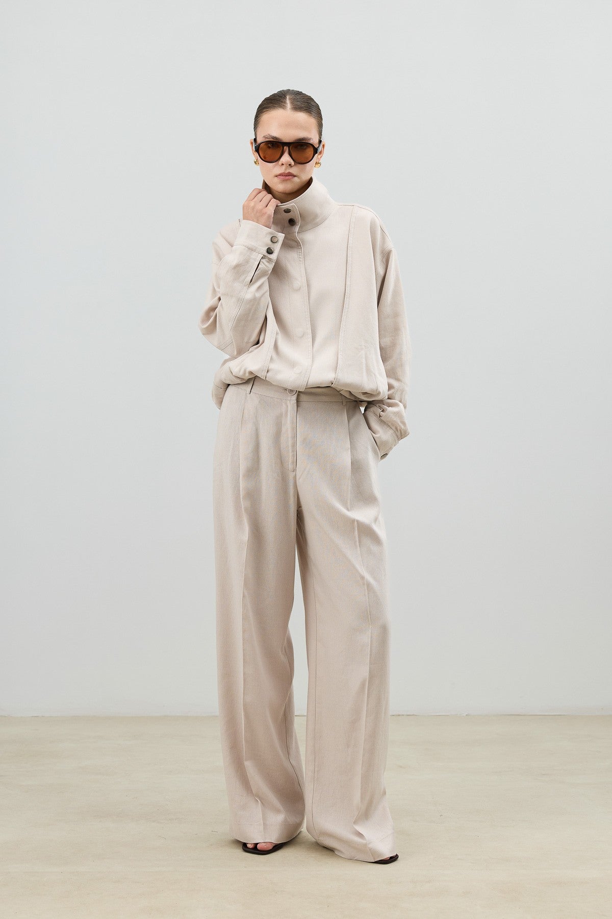 Antioch Linen-Blend Stand-Up Collar Bomber Jacket