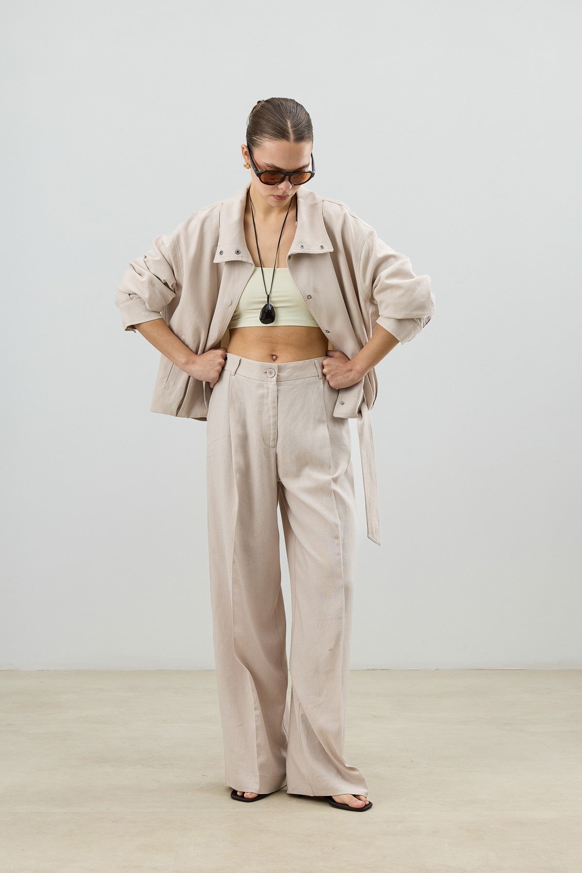 Antioch Linen-Blend Stand-Up Collar Bomber Jacket