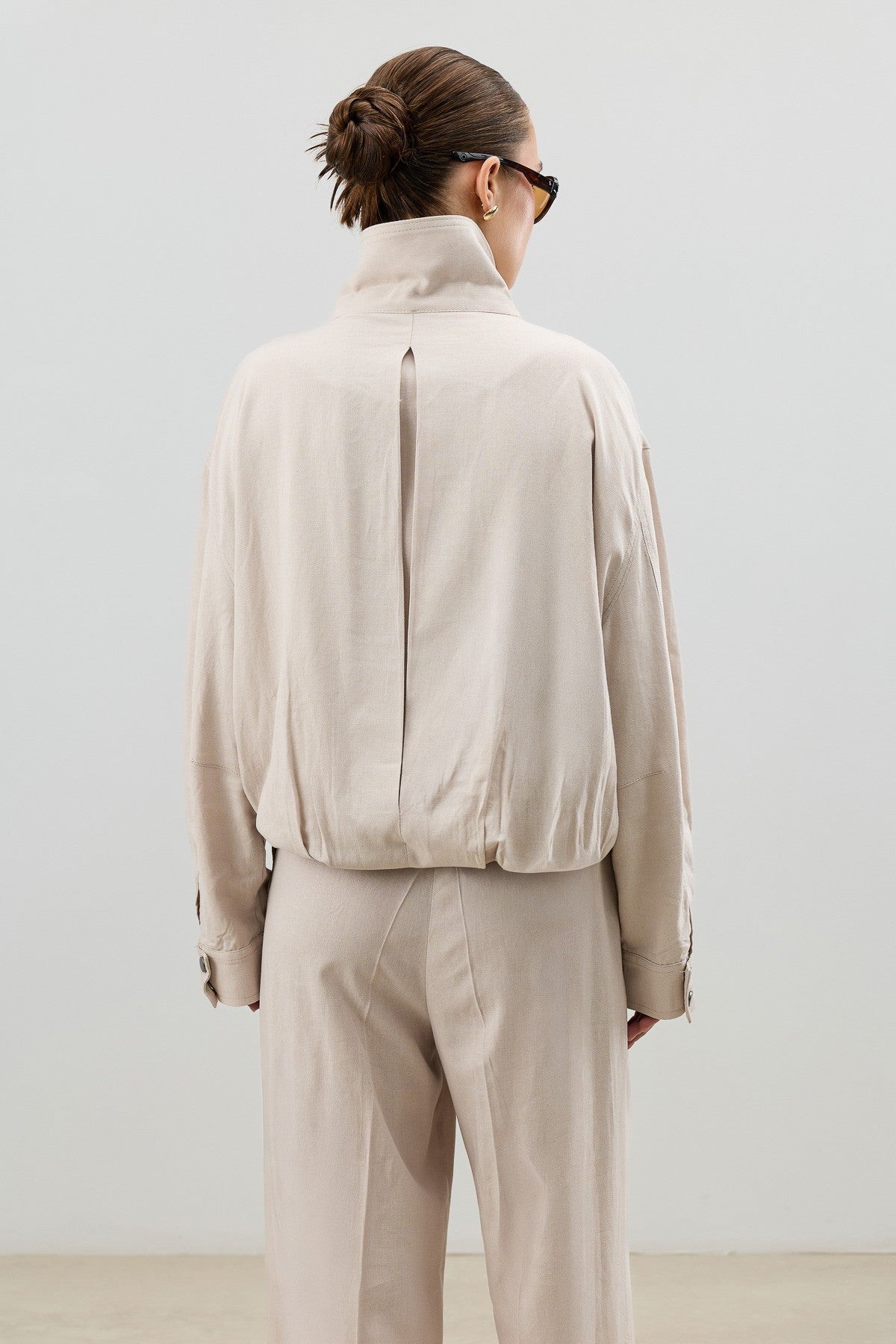 Antioch Linen-Blend Stand-Up Collar Bomber Jacket