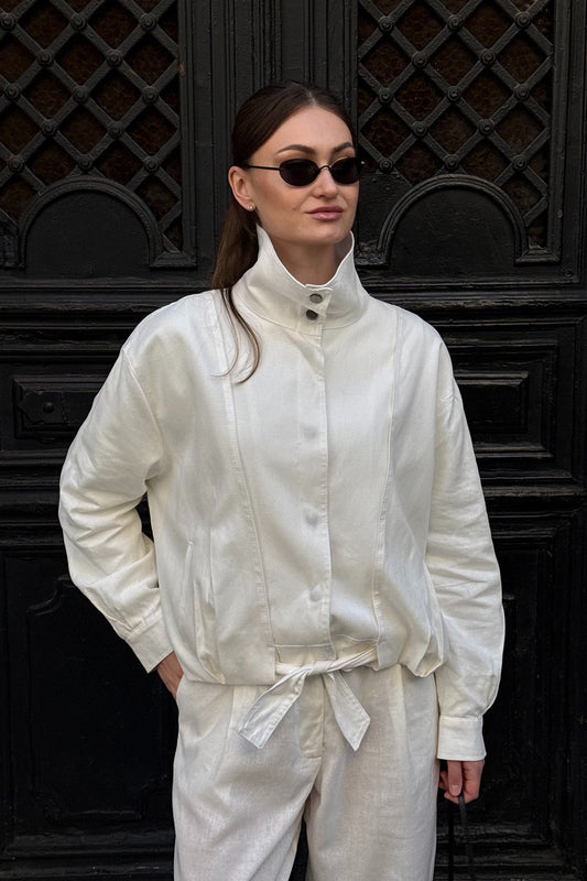 Linen-Blend Stand-Up Collar Bomber Jacket